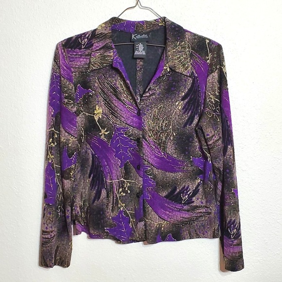 K Studio Tops - K Studio Collection Womens Size 12 Long Sleeve Button Blouse Purple Black Gold